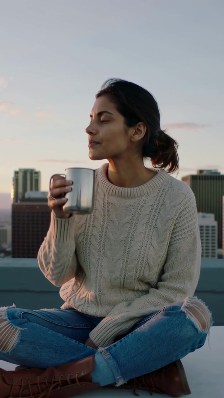 Video vertical: Mujer bebiendo con un suéter color crema en una azotea, levantando una taza, contemplando el horizonte al atardecer