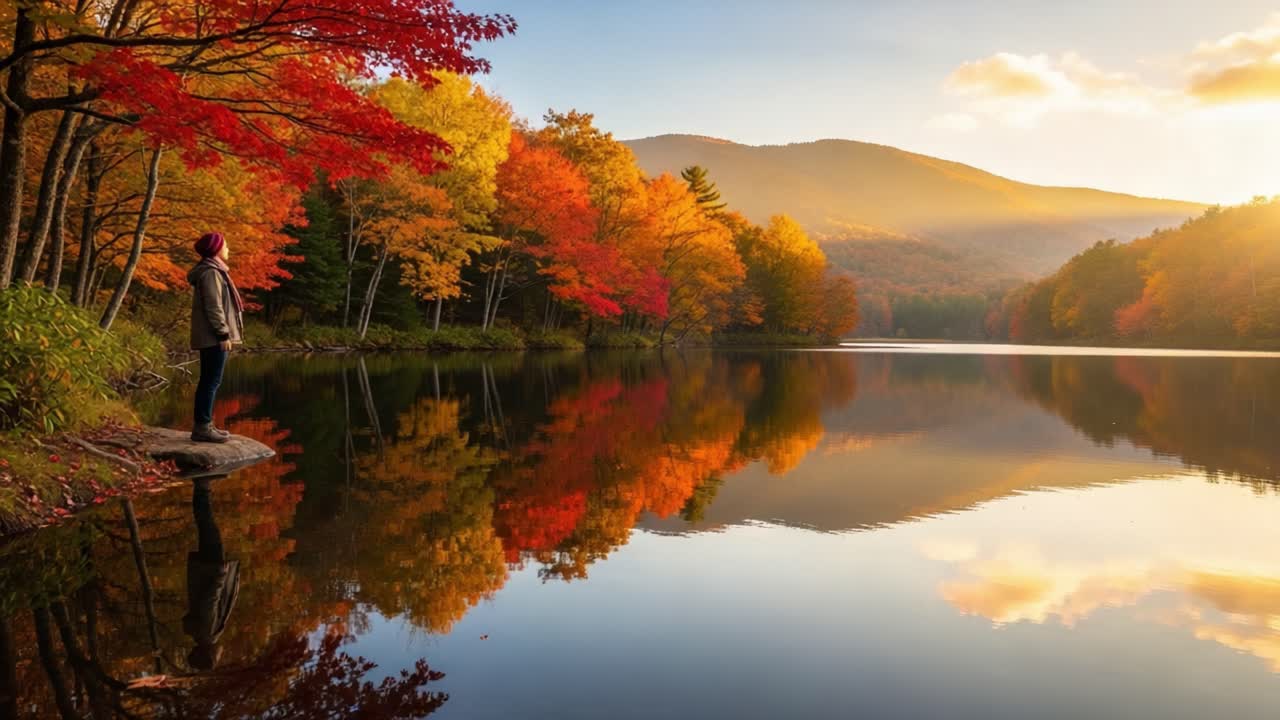 Captivating Autumn Reflection: A Serene Lake Surrounded by Vibrant Fall Foliage and a Tranquil Observer Embracing Nature's Beauty at Sunset