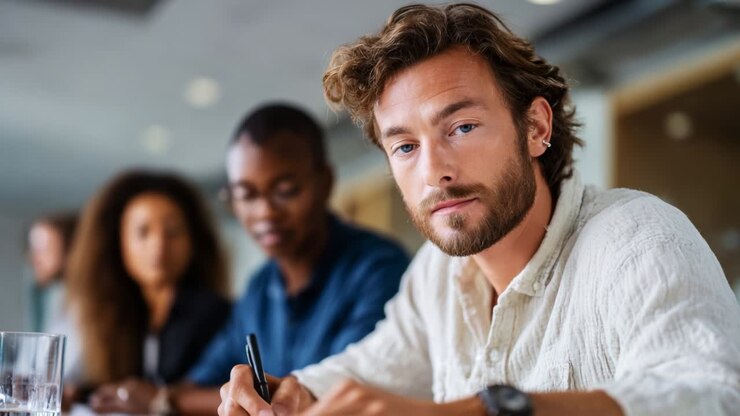 Persona concentrata che prende appunti durante una discussione di gruppo, mettendo in evidenza la collaborazione e la partecipazione attiva in un ambiente professionale, con i membri del team sullo sfondo