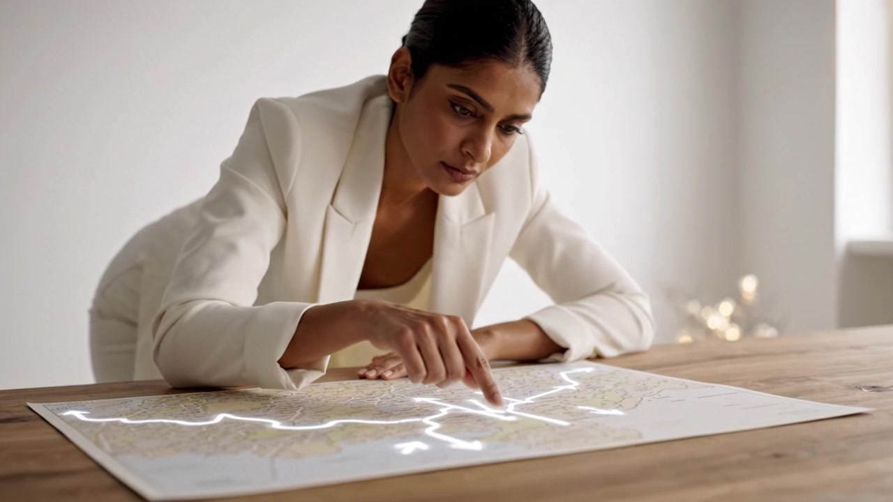 A focused individual examining a detailed map with illuminated pathways, deep in thought about routes and directions in a serene, lit environment.