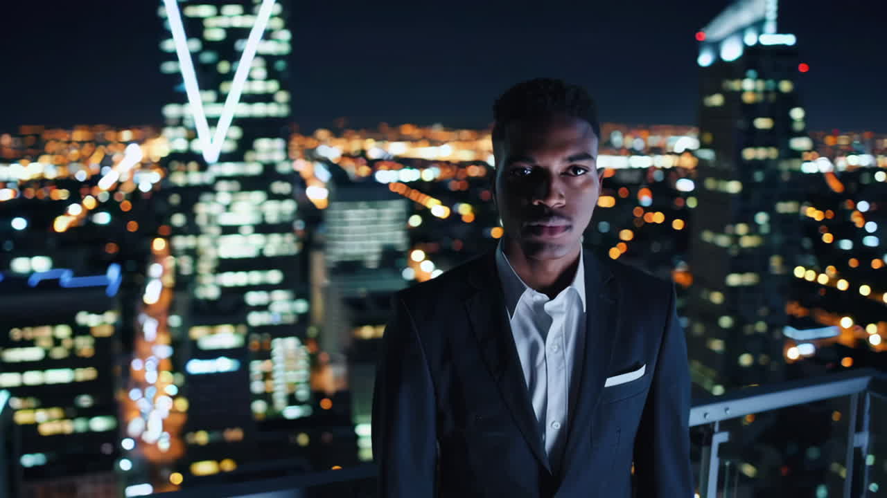 hombre de negocios en el techo por la noche