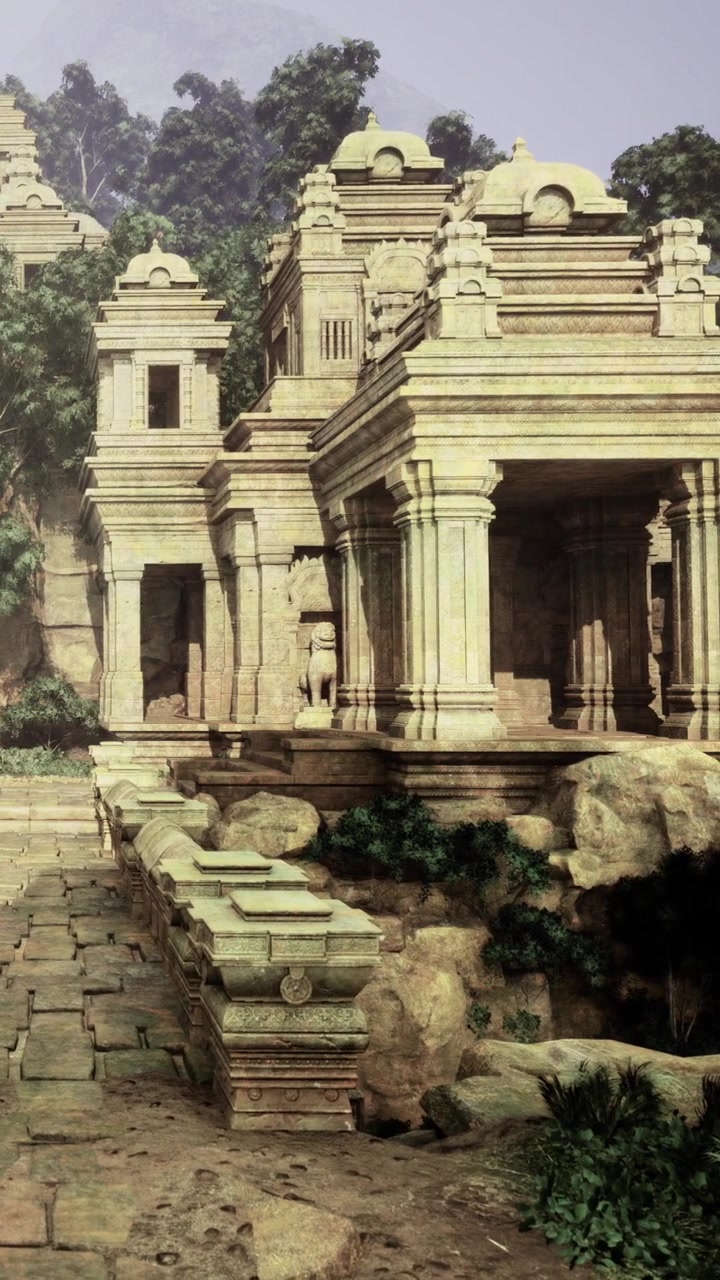 Antiche rovine si ergono maestose tra la vegetazione lussureggiante in un complesso templare dimenticato.