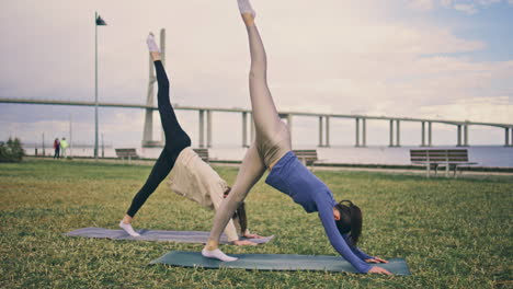 fitness women stretching body at nature. flexible girls raising up leg at park