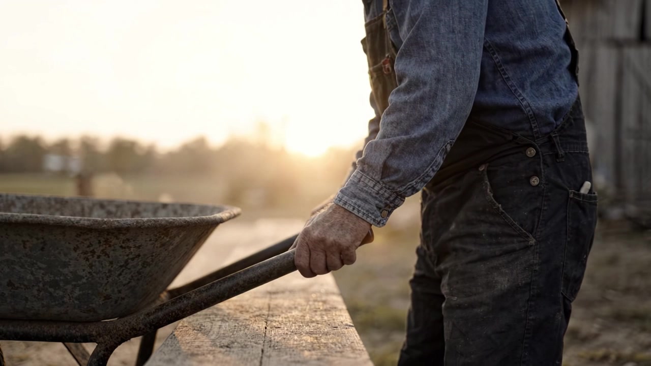 Un lavoratore dedicato impegnato nel lavoro manuale, che maneggia con destrezza una carriola mentre è immerso nella calda luce del sole, mostrando l'essenza della vita e del lavoro rurale.