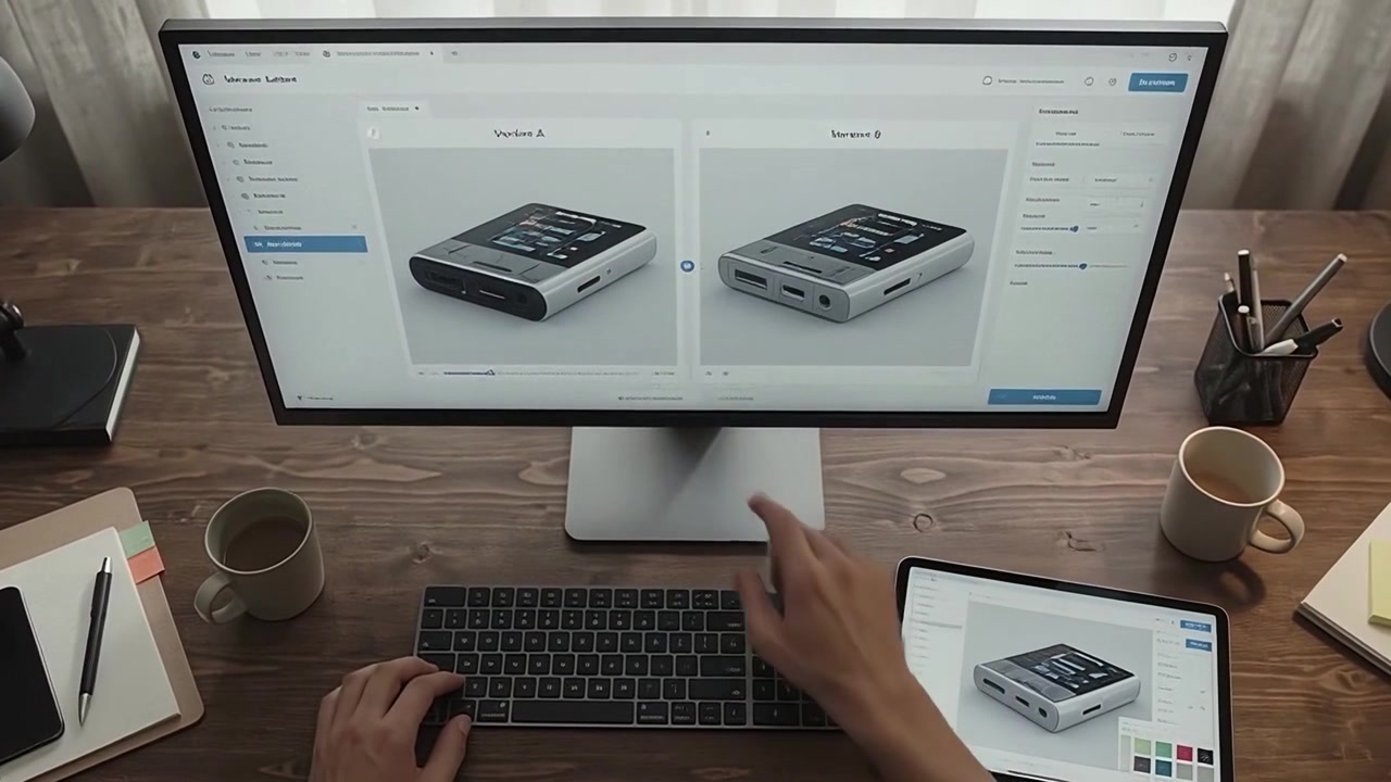 Designer sammenligner produktversioner på computerskærm
