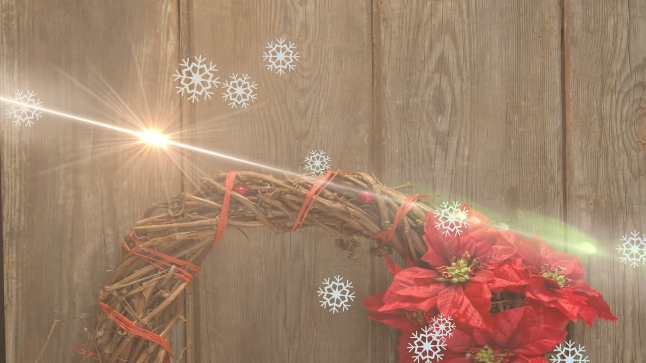 animación de senderos de luz y copos de nieve sobre decoraciones en navidad