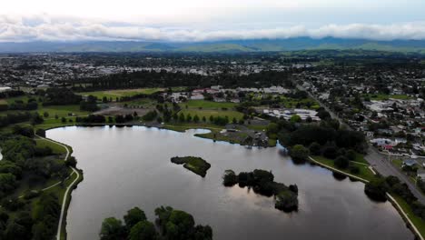 birds eye view of masterton town, landscape over henley lake receation area, cloudy day in new zealand