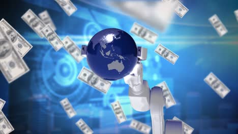 Robotic-arm-holding-globe-surrounded-by-money-