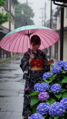woman in yukata with umbrella in the rain