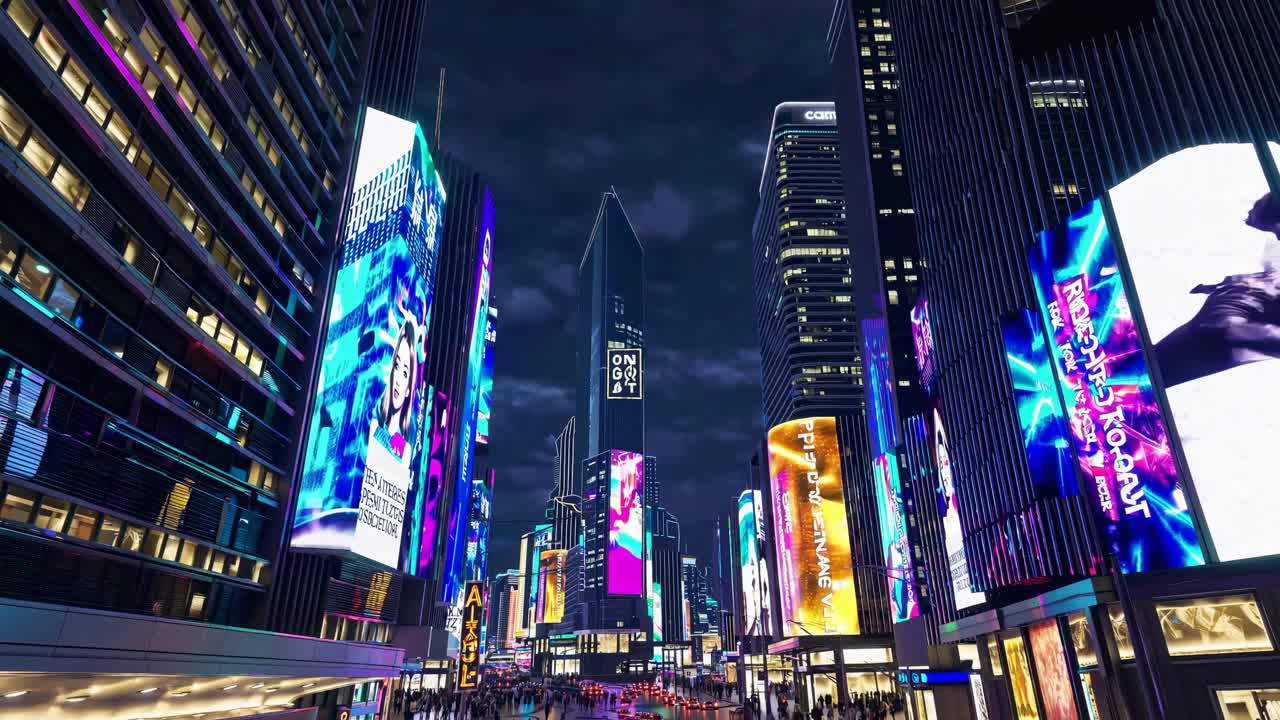 Wide-angle shot of a vibrant city street at night, with neon lights and digital billboards