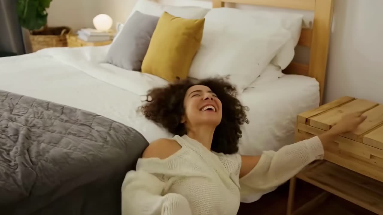 Scena video di una camera da letto accogliente con una persona che salta gioiosamente su un letto, ripresa da un'angolazione laterale.
