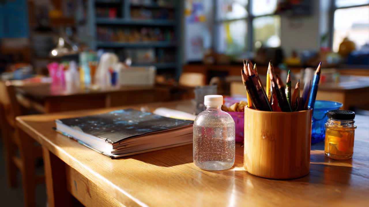 Aula scolastica con materiale artistico, contenitori colorati e un accenno di creatività al centro dell'attenzione in un ambiente di apprendimento luminoso