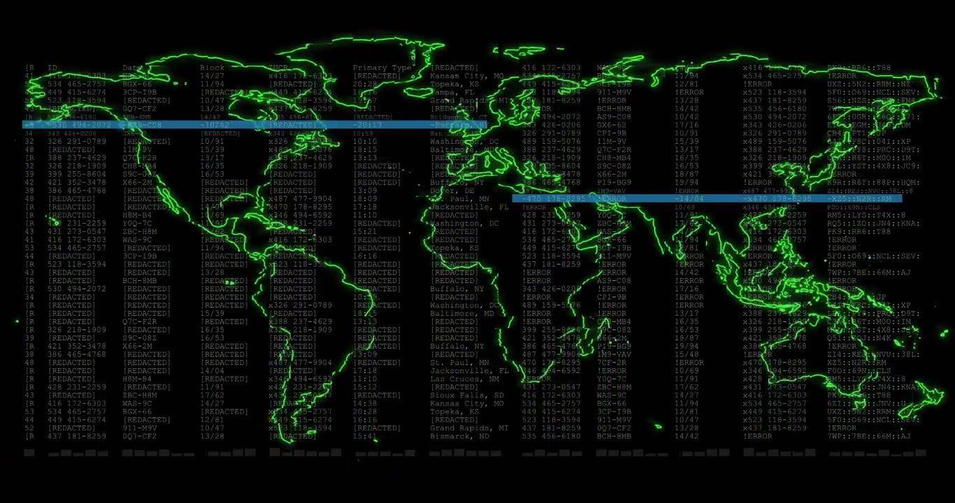 Appaiono colonne di codice verticali, con barre di scansione ciano che scorrono e un contorno di mappa verde con ping pulsanti per la tecnologia.