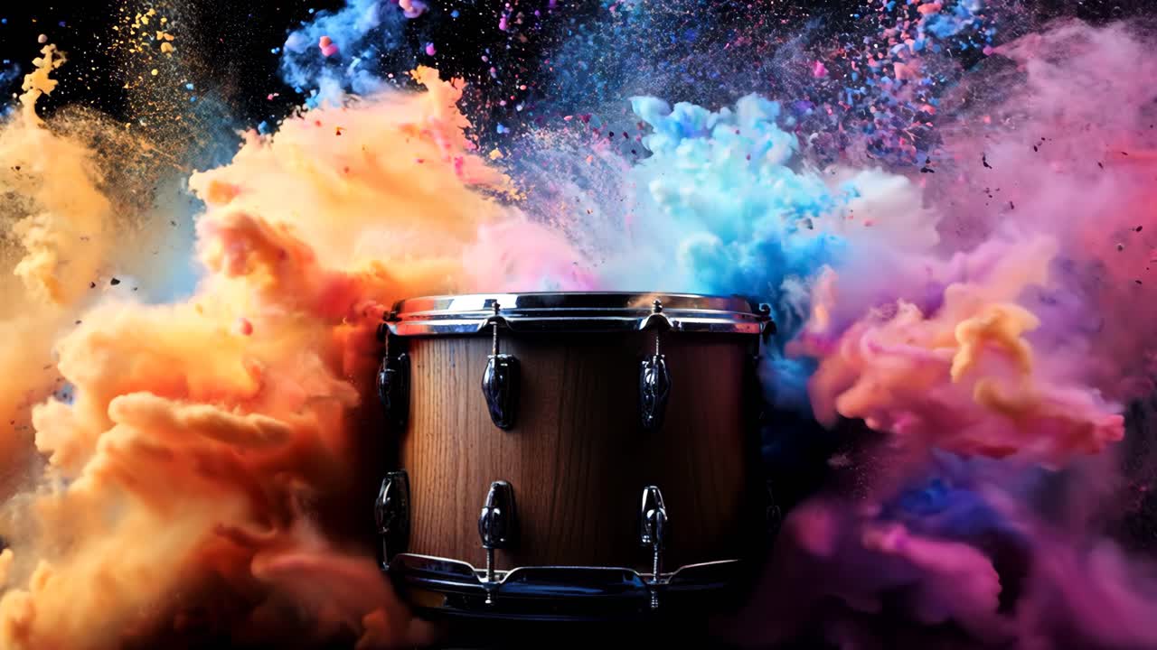 A colorful drum is shown in a photo with a lot of colorful powder. The drum is surrounded by a lot of colorful powder, which gives the impression of a colorful explosion