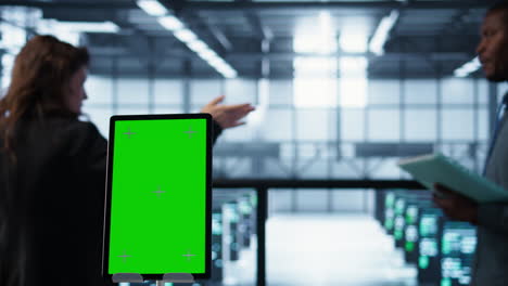 close up of isolated screen device in front of server farm engineers