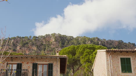 Rooftops-of-houses-in-Valldemossa,-Mallorca,-Spain,-set-against-mountains-and-a-blue-sky,-painting-a-picturesque-townscape