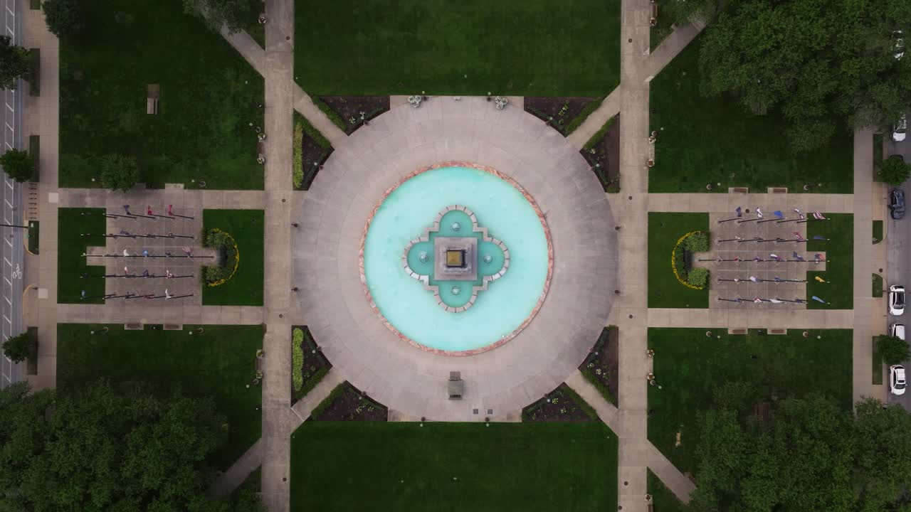 Drone Ascends to Reveal Veterans Memorial Plaza at American Legion Mall