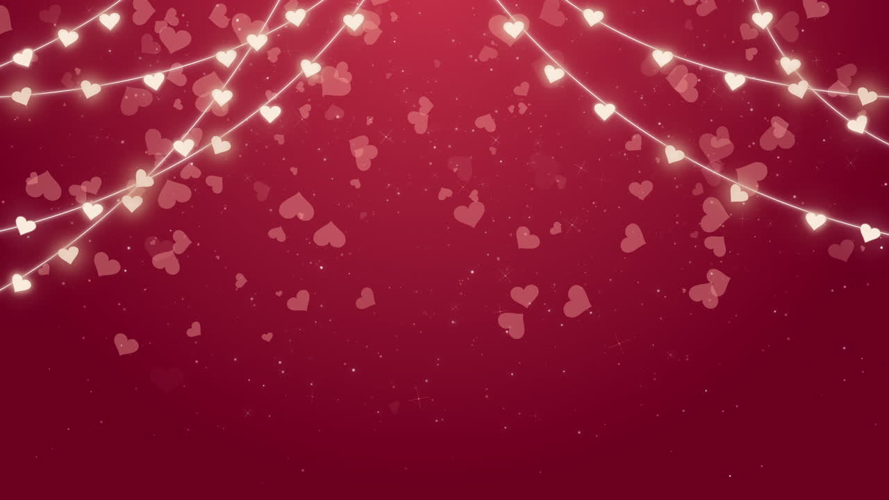 Love heart garland with sparkle particle on red background. Valentine's Day or Wedding concept. Loop motion graphic.