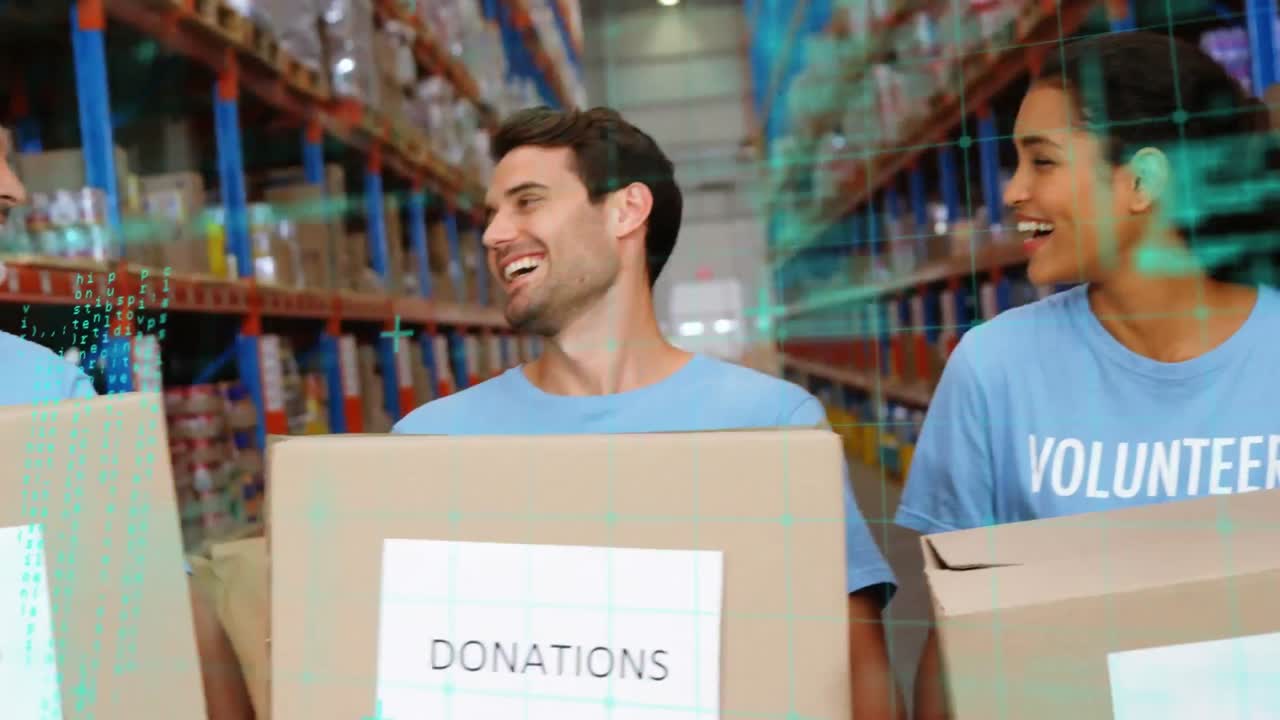 animación del procesamiento de datos sobre diversas personas que trabajan en el almacén