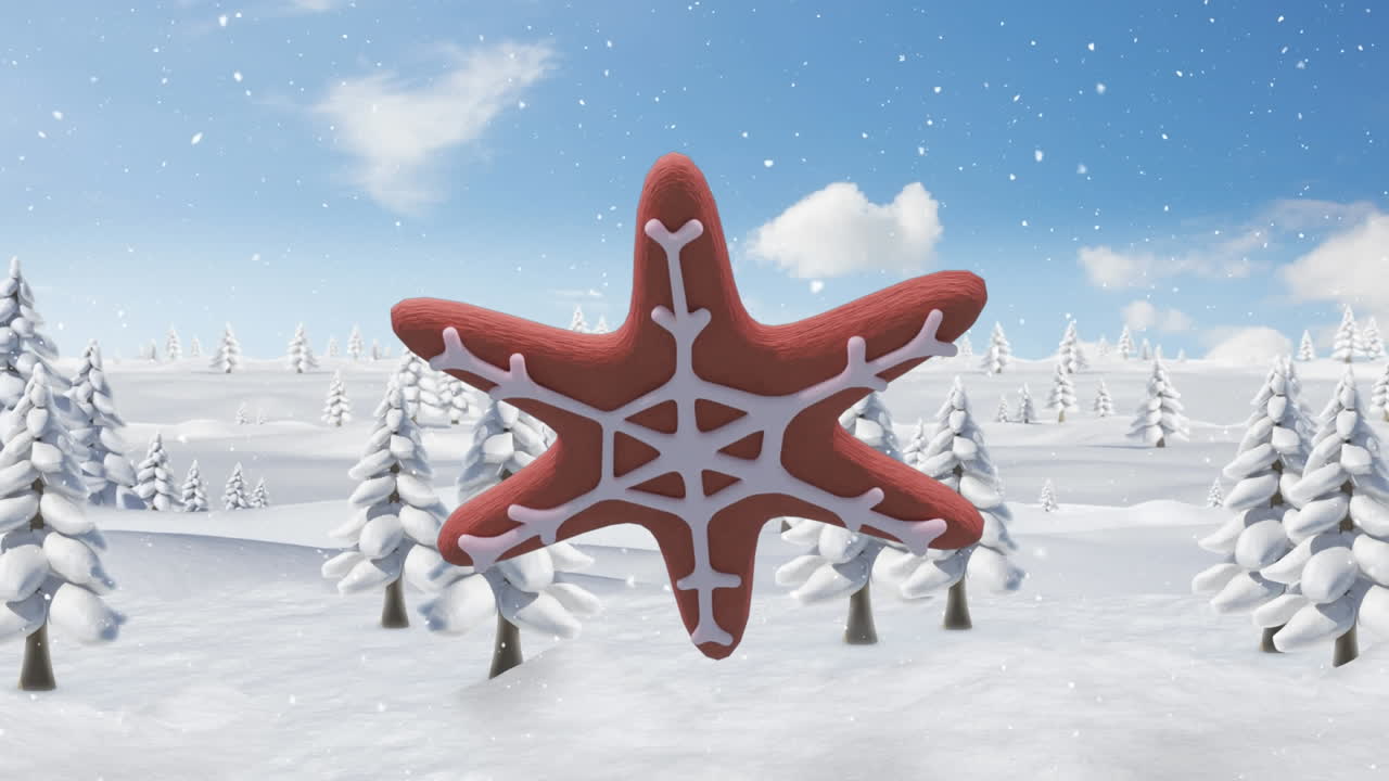 animación de la estrella de navidad galleta de pan de jengibre sobre la nieve que cae en el paisaje de invierno.