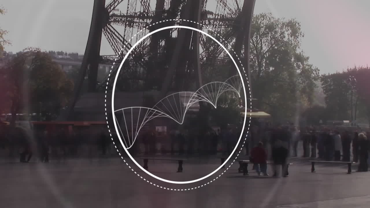 Weißes kreisförmiges Grafik-Overlay schwebt über städtischem Platz, mit gestrichelten Ringen und Bogenmustern.