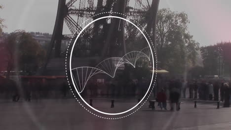 white circular graphic overlay floating over urban plaza, featuring dashed rings and arc patterns