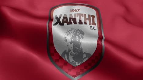 Representación-3d:-Ilustración-De-Una-Bandera-Ondeando-Del-Equipo-De-Fútbol-Xanthi-De-Grecia,-Superliga