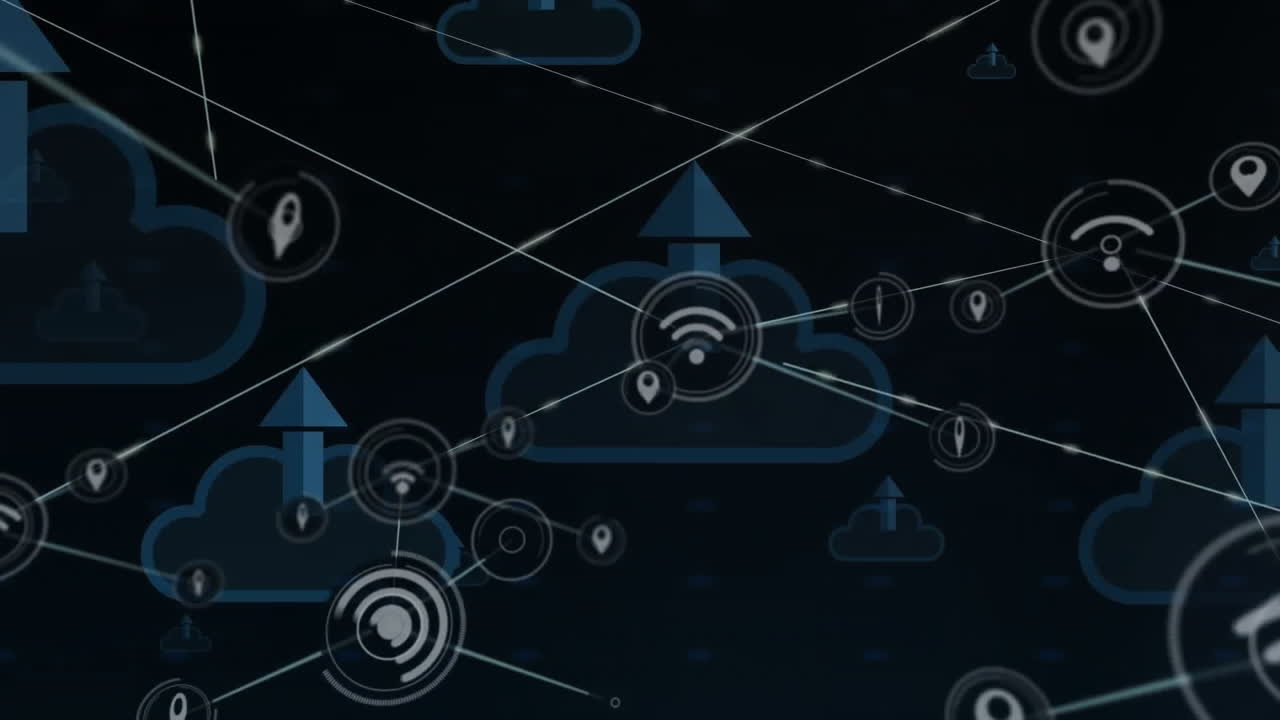 Animation of network of connections with icons and clouds with arrows