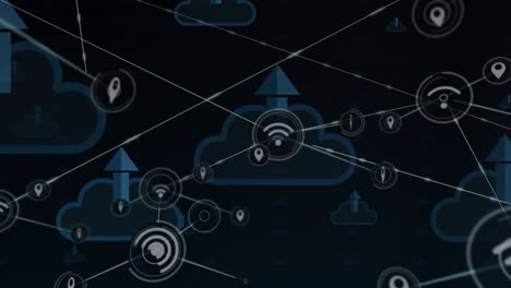 animation of network of connections with icons and clouds with arrows