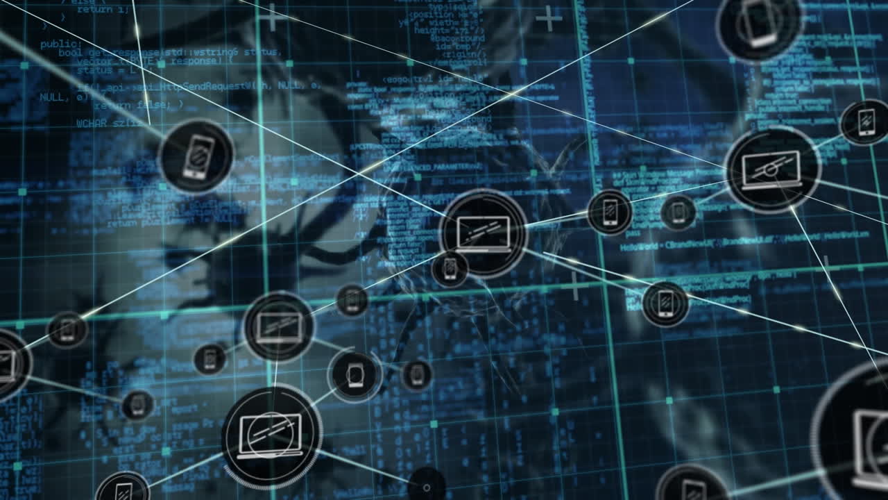 red de iconos de perfil y procesamiento de datos contra múltiples células de covid-19 en fondo azul