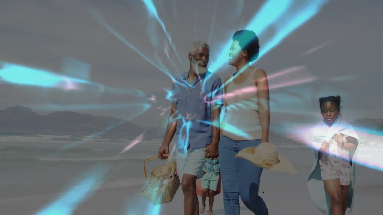 Family walking along beach with picnic basket and sun hat, driving travel with animated pins