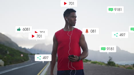 animation of notification bars over african american athlete standing and listening to music