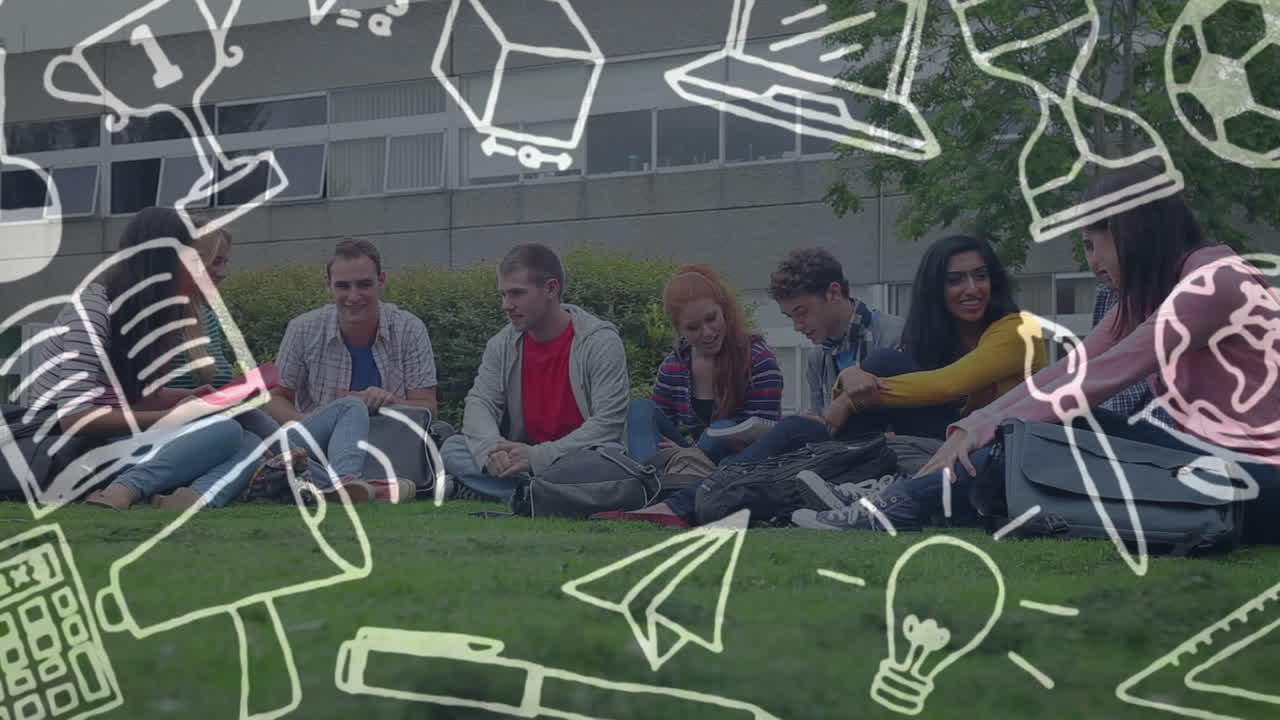 학생 들 위 에 있는  ⁇ 색 학교 물건 아이콘 의 애니메이션