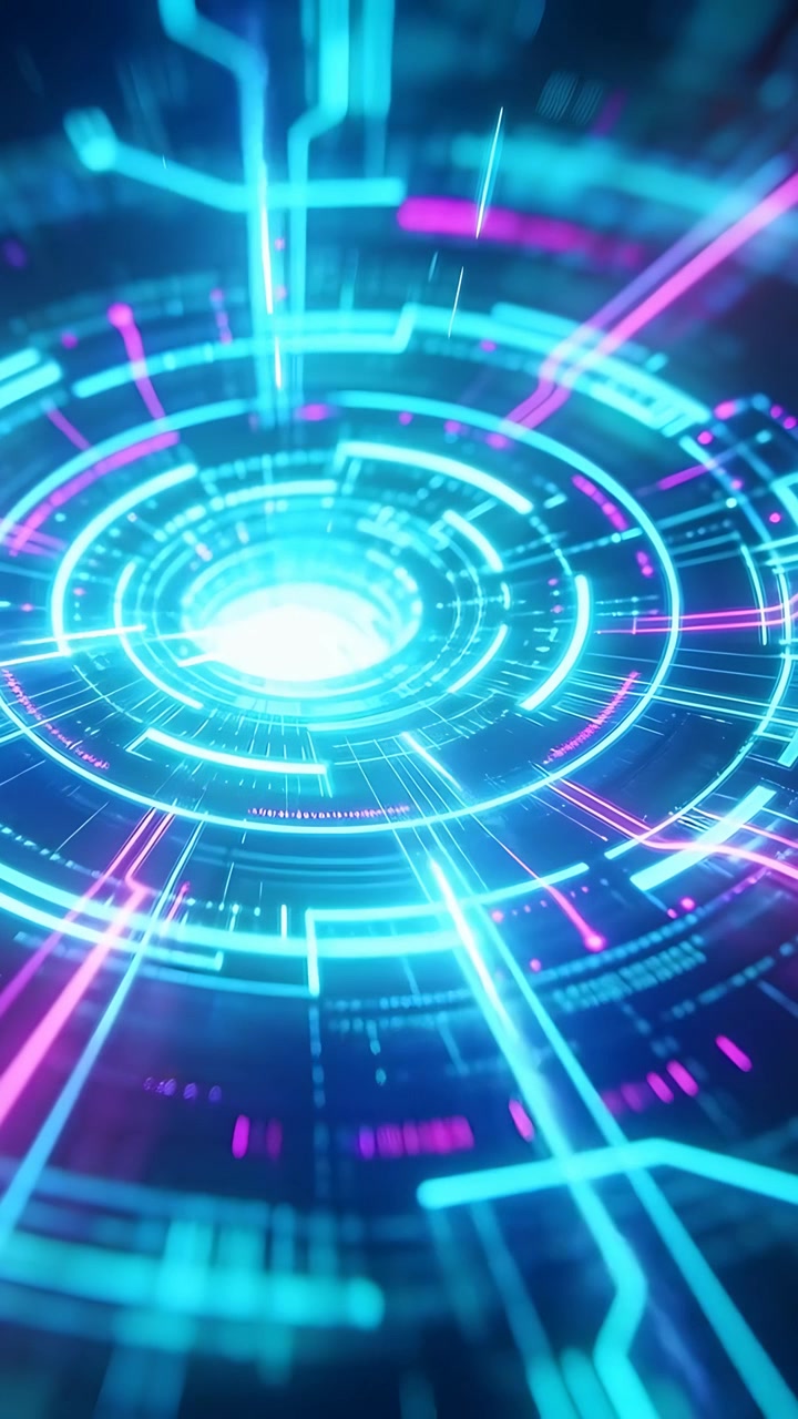 Video verticale: Nucleo olografico pulsante che forma anelli al neon rotanti nel vuoto, mostrando l'attività del sistema.
