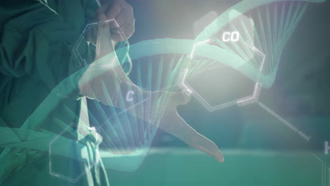 animation of dna strand and data processing over male surgeon putting gloves on in hospital