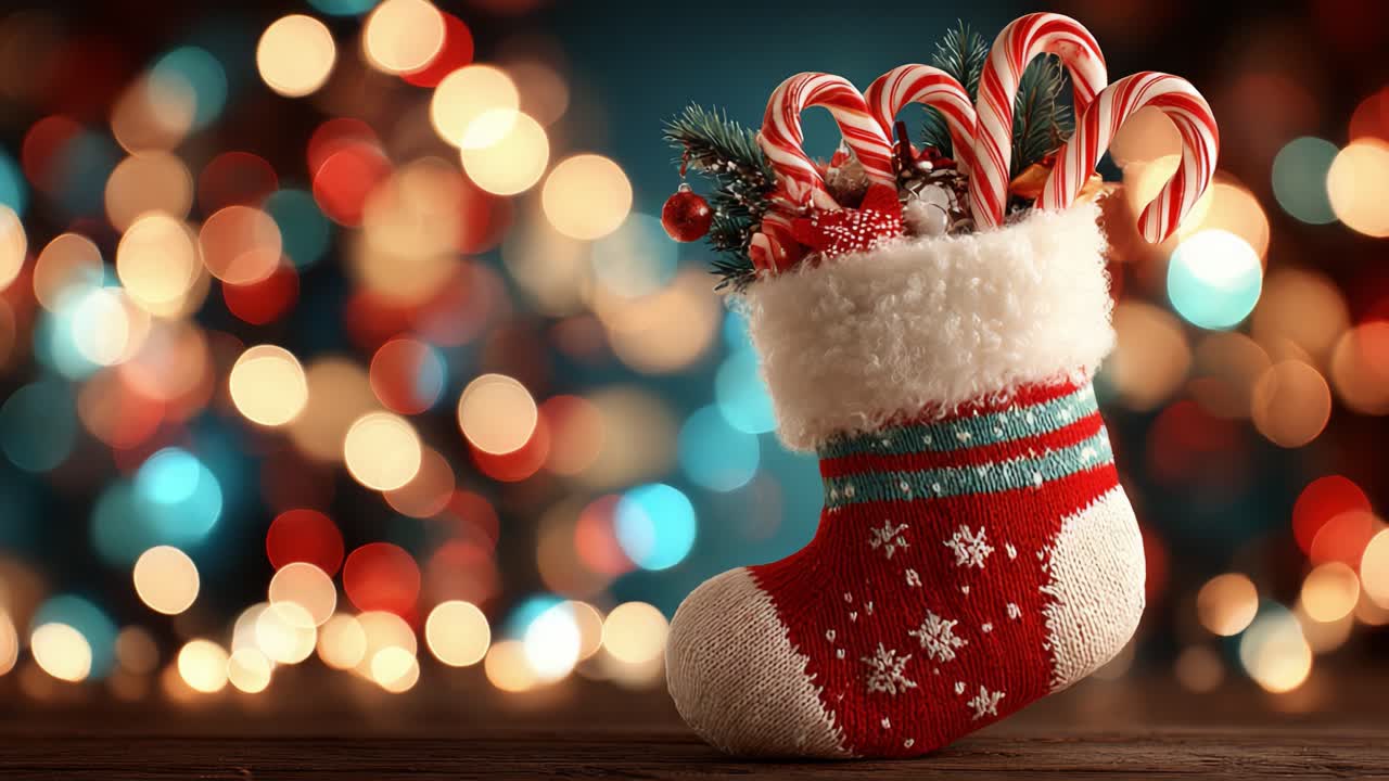 Una vivace calza di Natale piena di bastoncini di zucchero e decorazioni su uno sfondo colorato sfocato, perfetta per feste e decorazioni festive