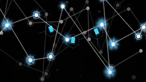 animation of network of conncetions with light spots over icons on black background