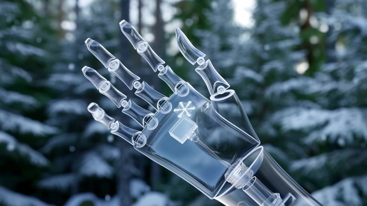 Clear mechanical hand changes from partly curled to fully open as snow drifts past, with transparent finger joints sharply framed against soft snow-covered evergreen trees.