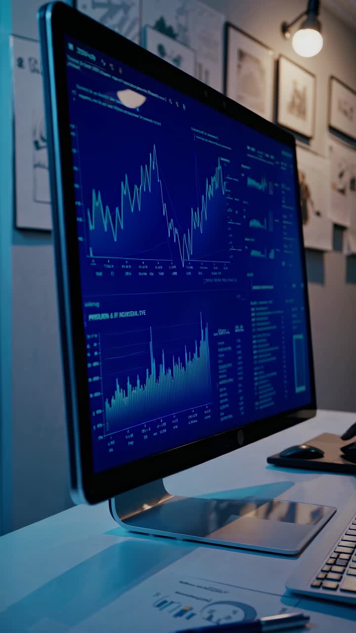 Close-up, eye-level shot of a computer screen displaying financial graphs and data