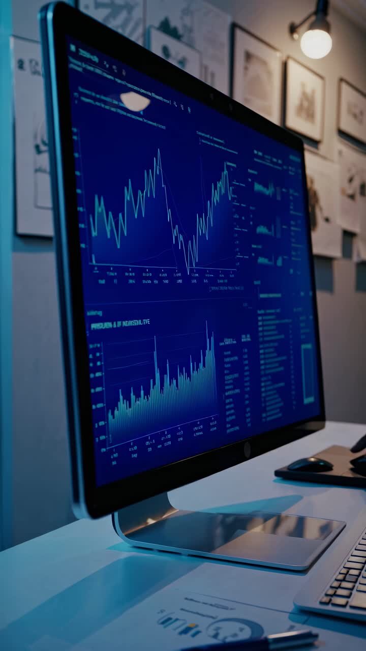 Close-up, eye-level shot of a computer screen displaying financial graphs and data