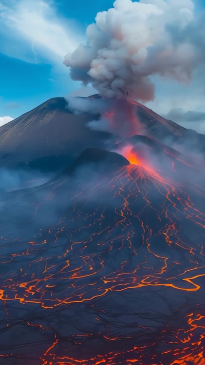 Video verticale: vulcano in eruzione che emette una nube di cenere e lava che scorre lungo i pendii con cielo blu