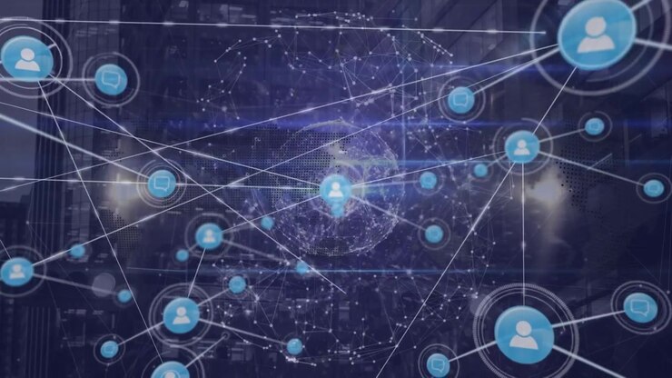 Animation of network of profile icons and globe of network of connections against tall building