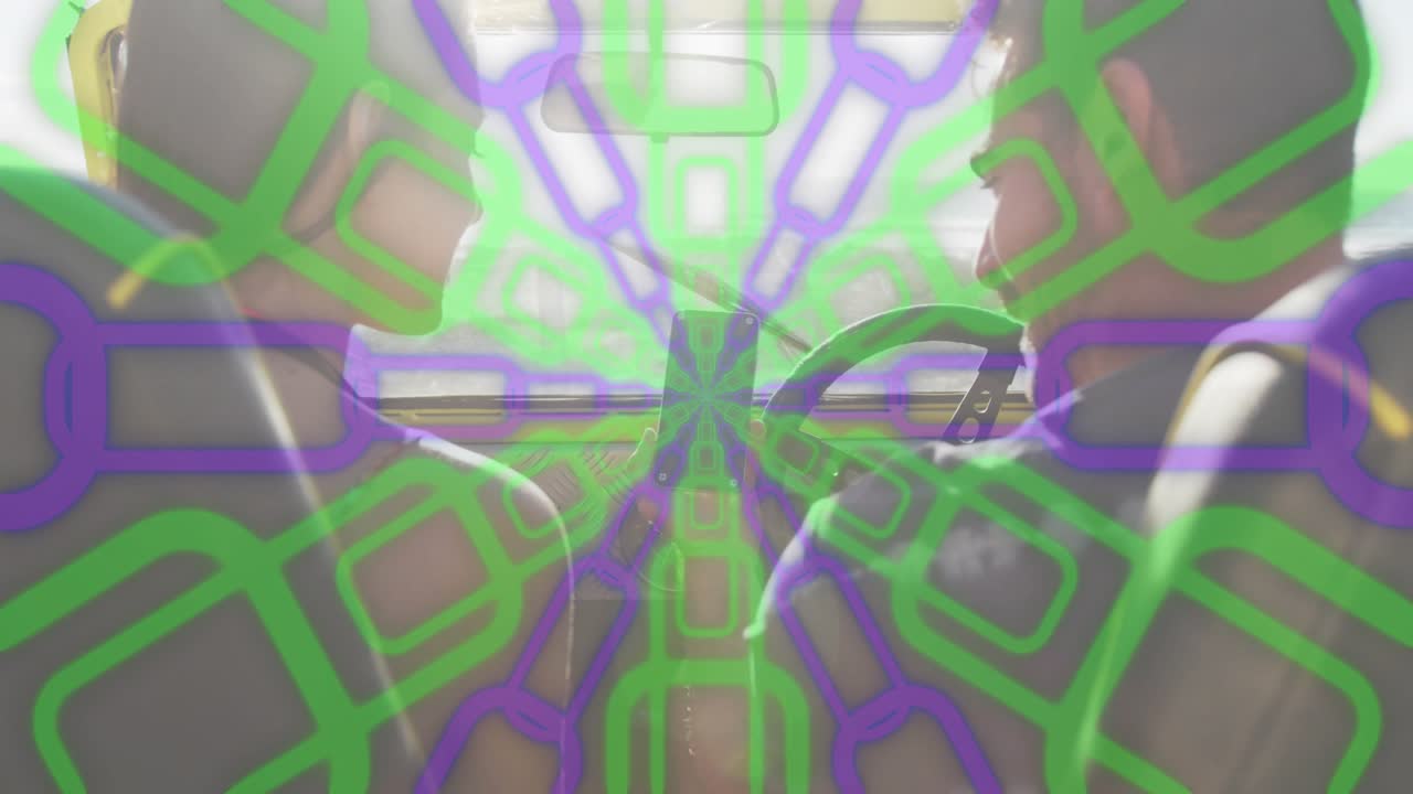 Pair planning trip in auto, passenger turning head, driver glancing, overlay shifting over cabin