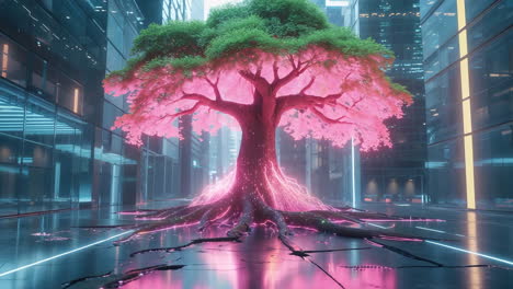 vibrant glowing tree in a futuristic cyberpunk cityscape