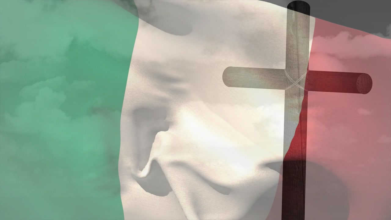 Tricolor flag billowing from light breeze, folds sweeping past cross arm, revealing cloud texture