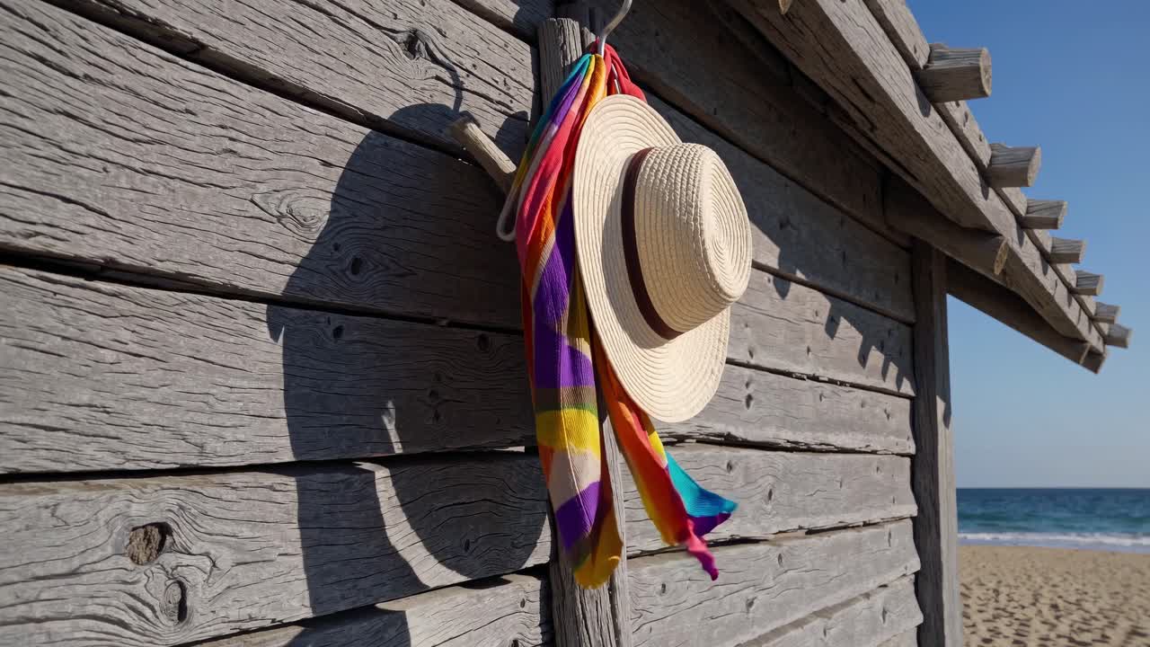 Straw Hat and Scarf Hanging on Beach Hut