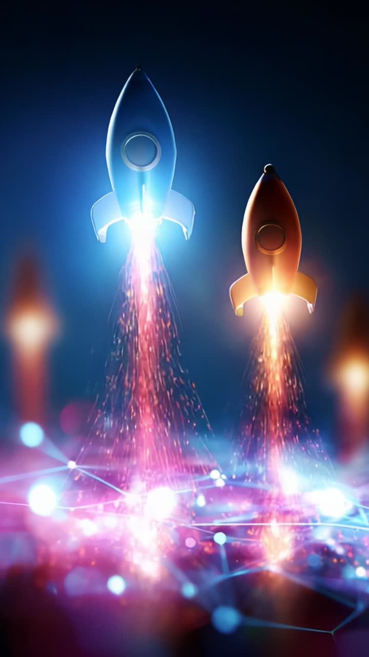 Two rockets take off against a dynamic, colorful backdrop of stars and glowing lights, symbolizing innovation, exploration, and technological advancement