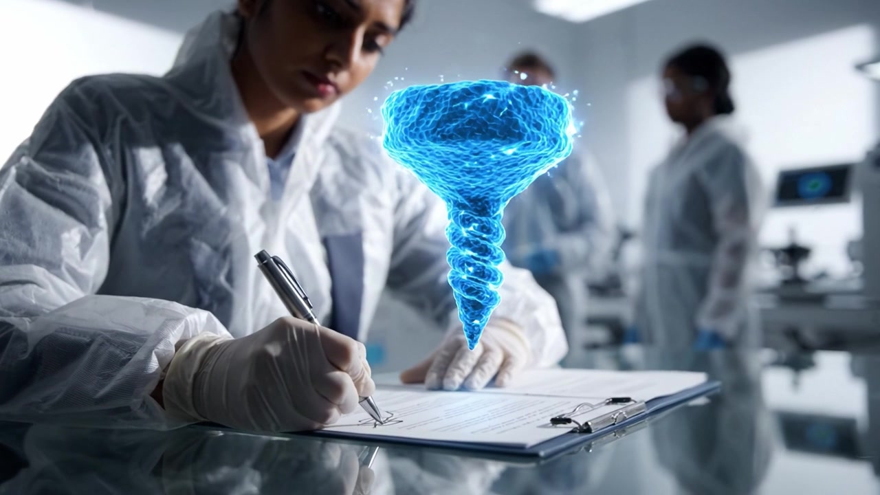 Scientist in laboratory focuses on research, documenting findings related to advanced scientific concepts, while colleagues assist in a high-tech environment.
