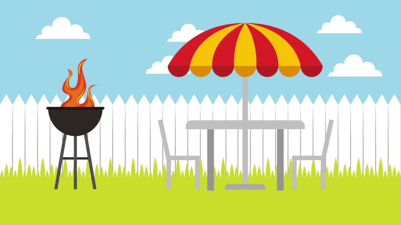 sillas de mesa de barbacoa y pájaros paraguas volando