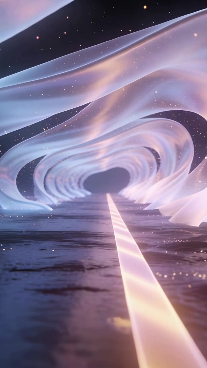 Vertical video: Advancing line guiding glowing ribbons into dark oval in abstract corridor, sparks